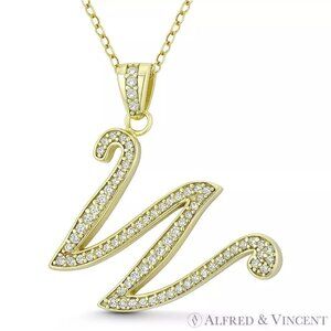 Initial Letter "W" Cursive Script CZ Crystal Pendant in .925 Sterling Silver YG
